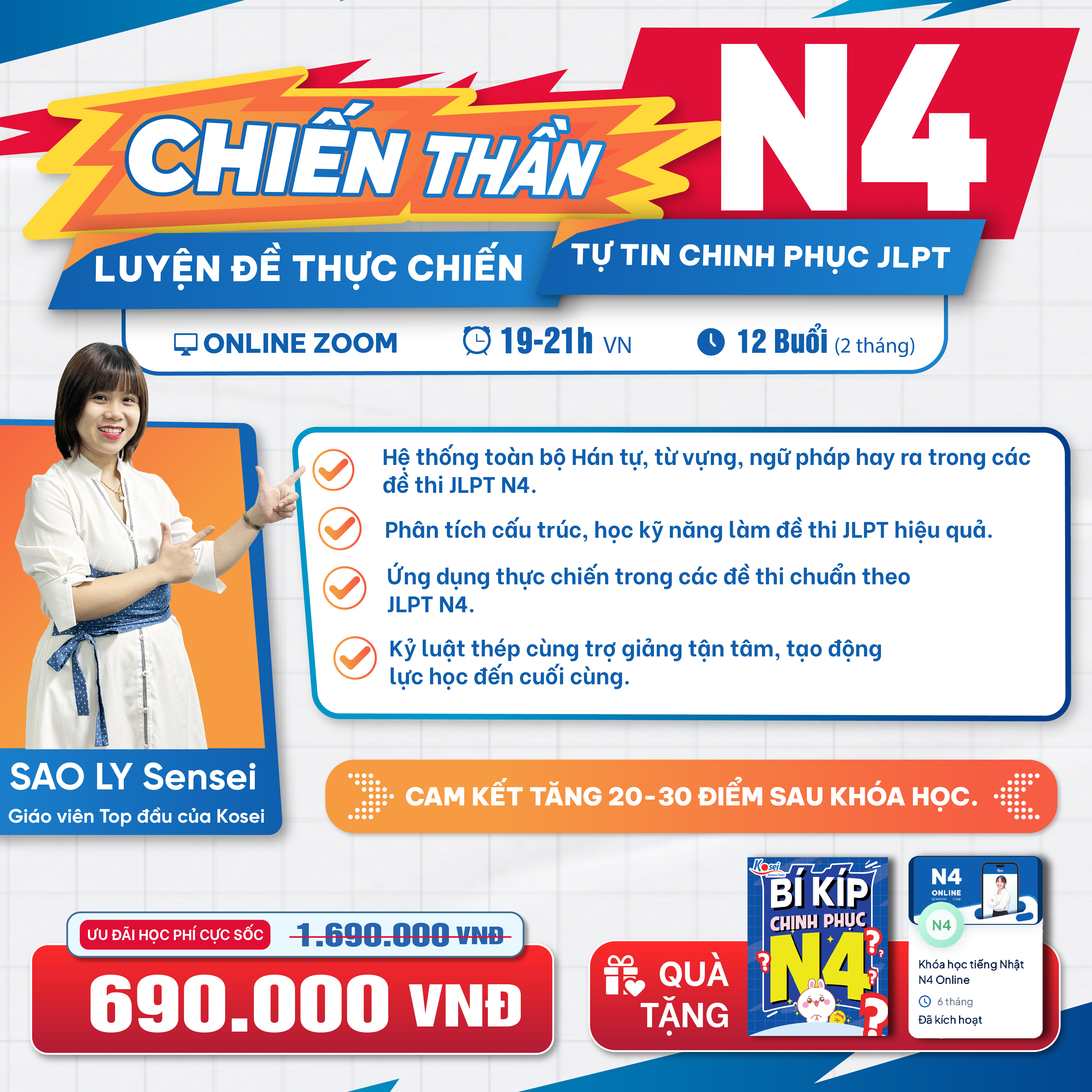 Khóa học Chiến thần N4 tập trung hệ thống kiến thức và chiến thuật làm đề thi JLPT N4